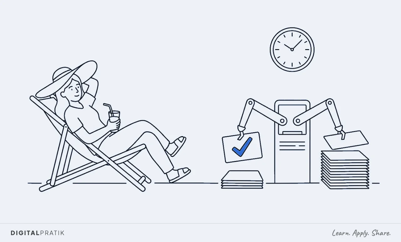 A line drawing of a nutrition-club owner relaxing in a deckchair with a sun hat and a drink, while beside them an automatic machine ticks member check-in cards and stacks them on its own beneath a wall clock, the tick mark picked out in blue.
