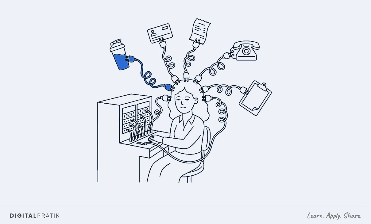 A line drawing of a nutrition-club owner at an old telephone switchboard where every cable, instead of reaching a socket, plugs straight into their own head. Each cable ends in a shaker bottle, a membership card, a payment receipt, a phone showing a group chat and a stack of product tubs, with one cable picked out in blue.