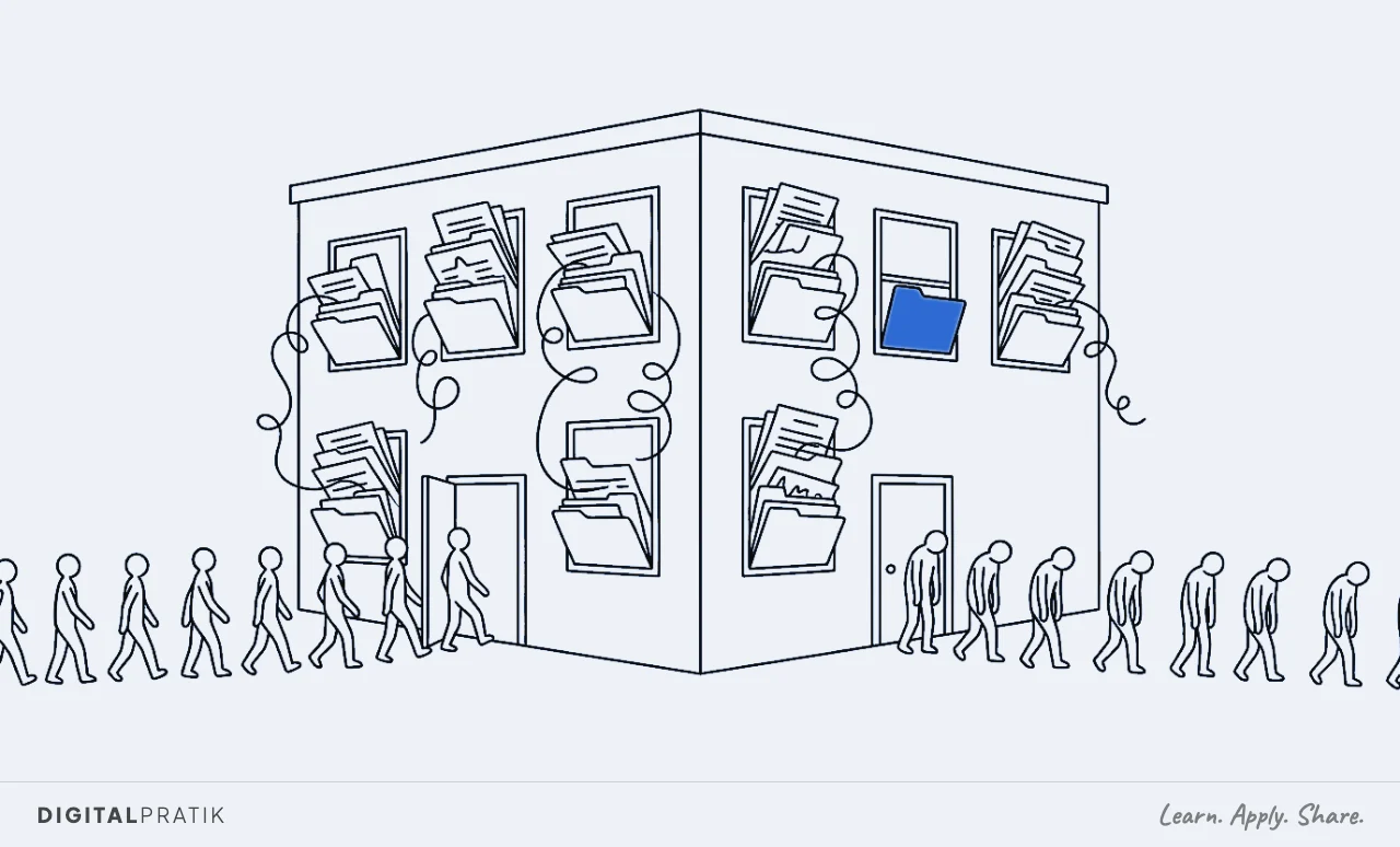 A line drawing of a physiotherapy clinic whose windows are stuffed floor to ceiling with overflowing patient files and referral letters. A stream of new patients pours in the front door while a line of patients trudges away from the back door, one patient file picked out in blue.