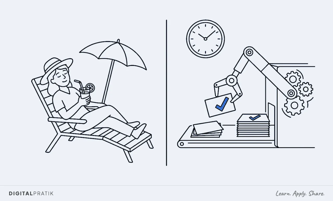 A line drawing of a physiotherapist relaxing in a deckchair with a sun hat and a drink, while beside them an automatic machine keeps lifting appointment cards, ticking and stacking them on its own beneath a wall clock, the tick mark picked out in blue.