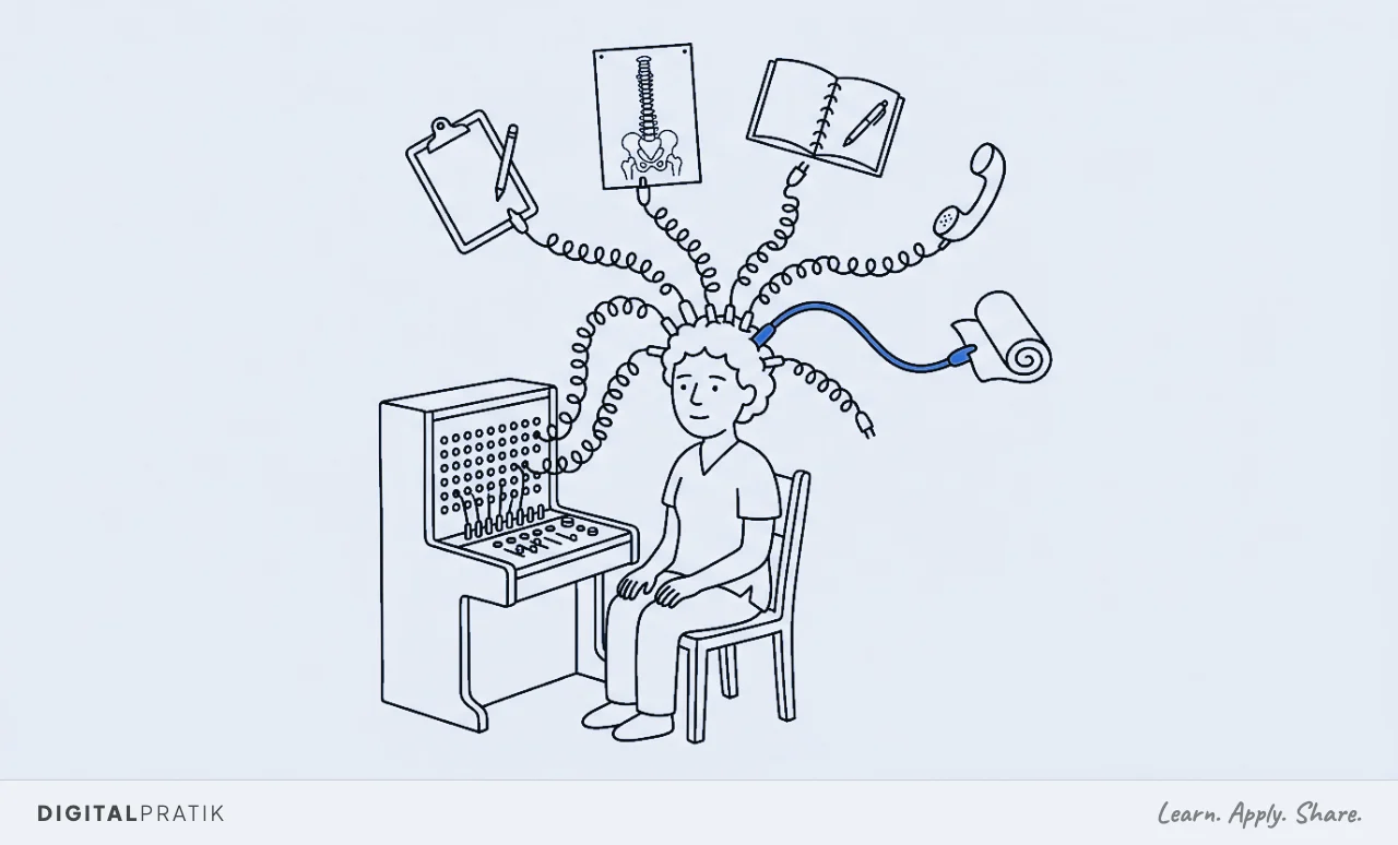 A line drawing of a physiotherapist at an old telephone switchboard where every cable, instead of reaching a socket, plugs straight into their own head. Each cable ends in a referral letter, an exercise sheet, a calendar, a phone and a stack of patient files, with one cable picked out in blue.