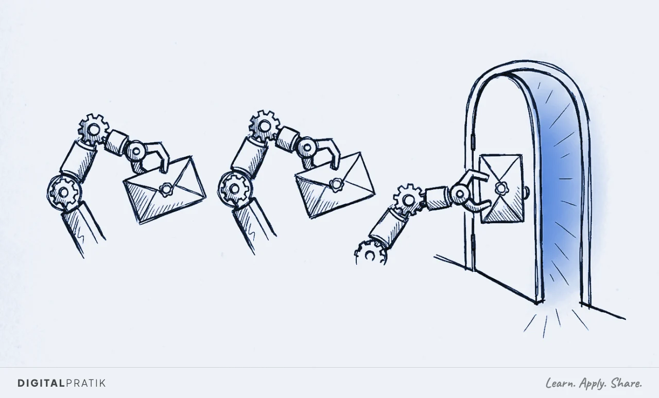 Three mechanical robot arms each gripping an envelope arrive in sequence at an arched doorway. Inside the doorway, a warm signal yellow glow fills the space. The third arm pushes the door nearly shut, cutting off the light as the warm window closes.