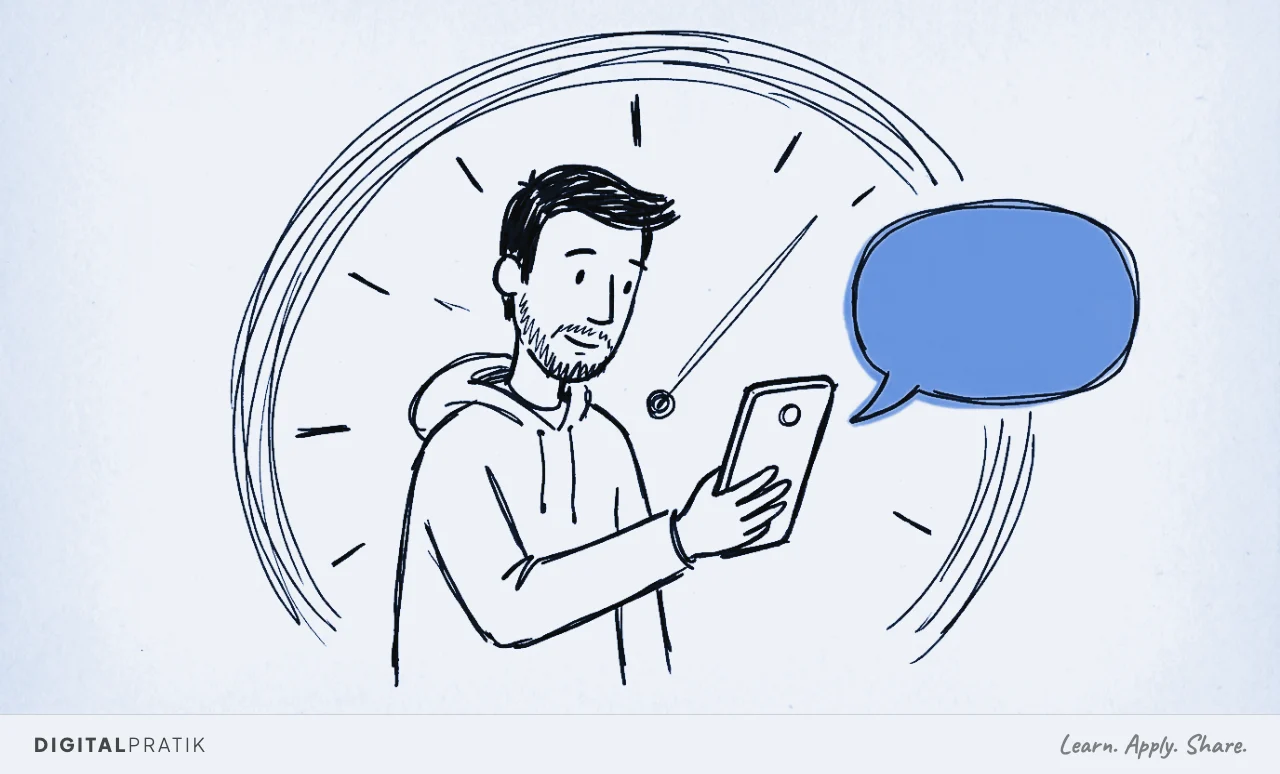 Digital Pratik, a simple ink doodle figure with short dark hair, trimmed beard, and white hoodie, holds a smartphone and sends a single message. A signal yellow speech bubble floats from the phone. A sweeping clock arc fills the background marking the trust window.