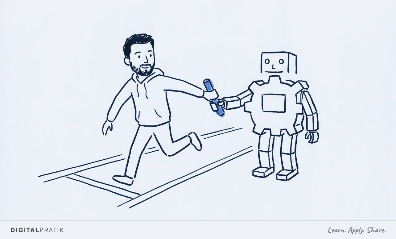 Digital Pratik, a simple ink doodle figure with short dark hair, trimmed beard, and white hoodie, runs mid-stride and passes a signal yellow baton to a simple gear-shaped robot figure. The handoff marks where the human job ends and automation takes over.