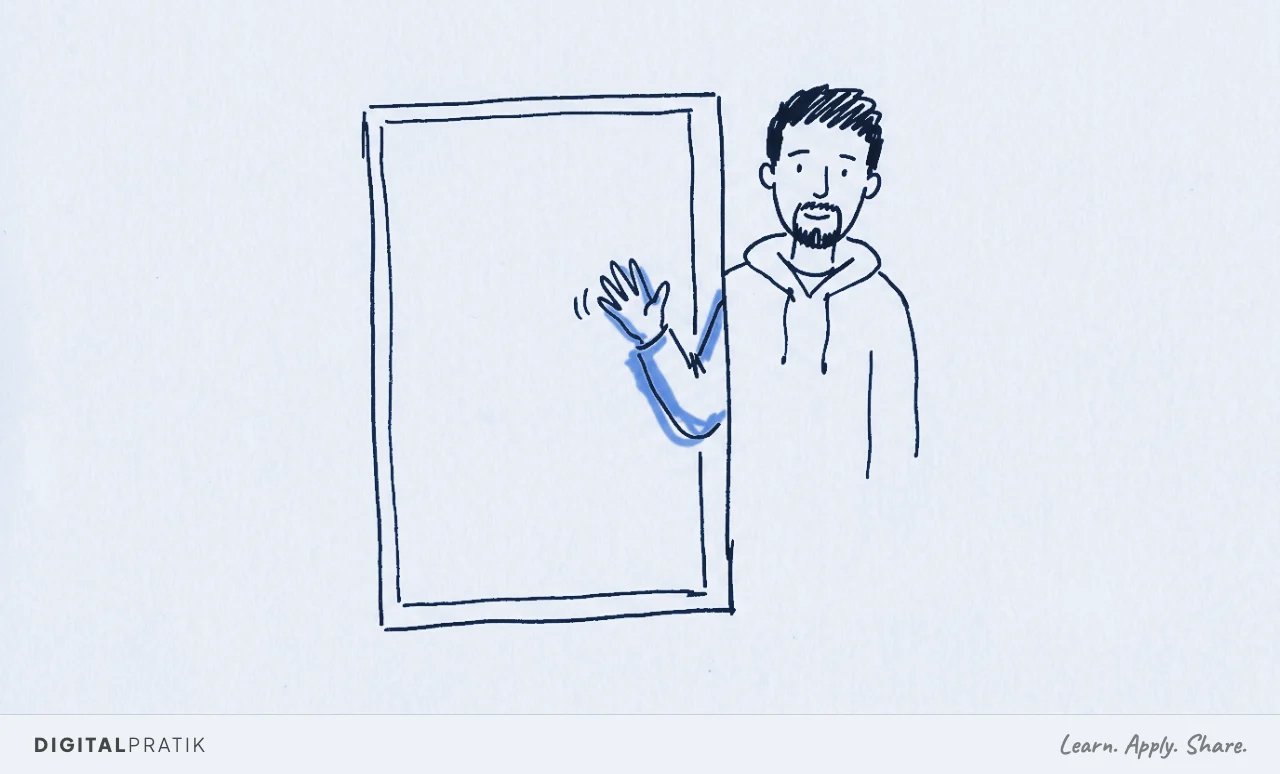 A large rectangular form outline stands centered. Through a narrow gap in its side, Digital Pratik's arm reaches through and waves, the signal yellow hand the only color. The form separates the lead from the business, and the human wave proves a real person is behind it.