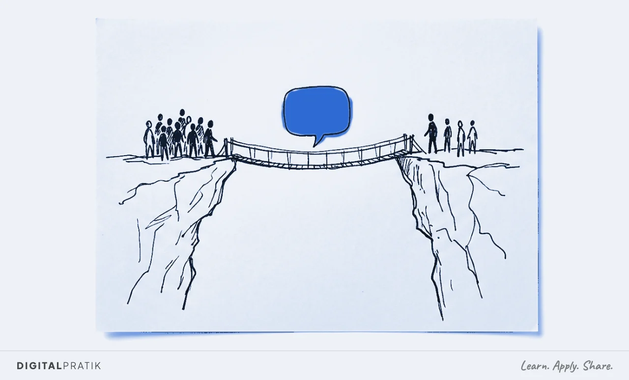 Two cliff edges face each other across a canyon. A crowd of small outline figure silhouettes stands on the left cliff. A smaller group stands on the right. A narrow footbridge spans the gap, and at its center a single signal yellow speech bubble floats as the only connection between leads and clients.