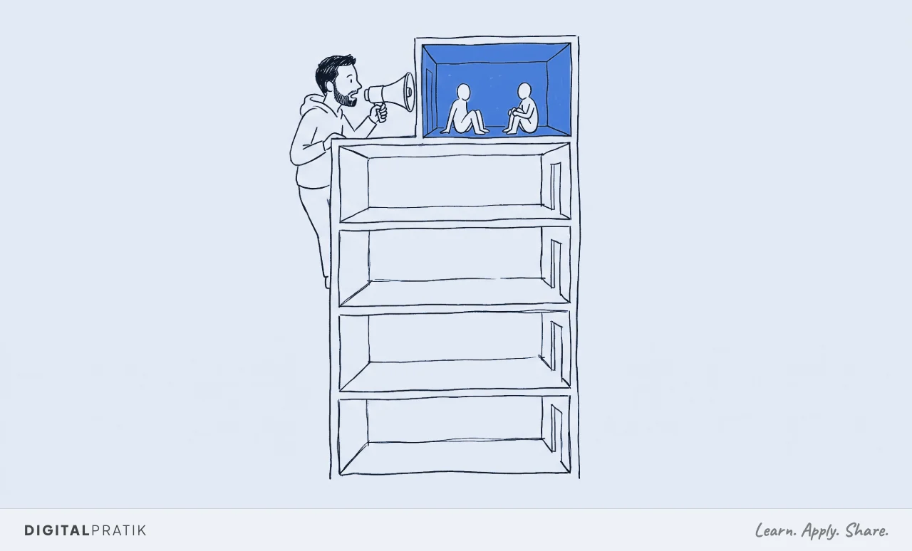 A cutaway building with five rooms drawn in ink. Four large rooms sit empty, and Digital Pratik shouts through a megaphone into one tiny room at the top, shaded yellow, holding two faceless figures.