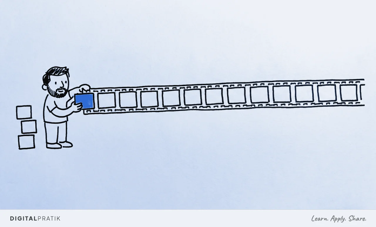 Digital Pratik clips a small yellow front segment onto the head of one long film strip, with spare segments stacked nearby.