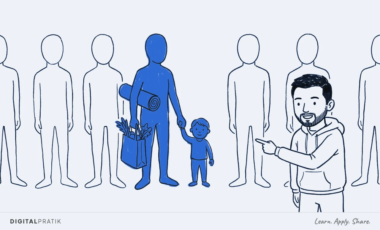 A row of blank faceless cutout figures with one yellow figure among them carrying a yoga mat, groceries and a child's hand. Digital Pratik points at that one.