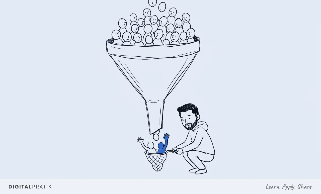 A wide funnel crowded at the top narrows to a thin spout where Digital Pratik crouches with a small net. One raised hand in the stream is yellow.