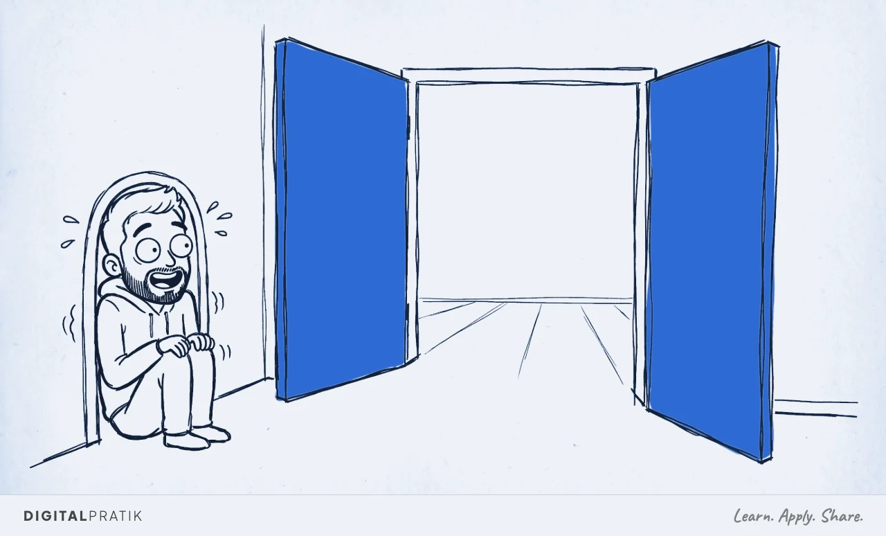 A loose ink doodle on warm ivory paper. Digital Pratik, a simple line-drawn character with short dark hair, a trimmed beard and a plain hoodie, is squashed into a ridiculously tiny doorway with his knees up to his chin, eyes wide with shock and sweat flying off his forehead. Behind him a giant door, the only thing coloured bright yellow, stands wide open onto a huge empty room he never walked into.
