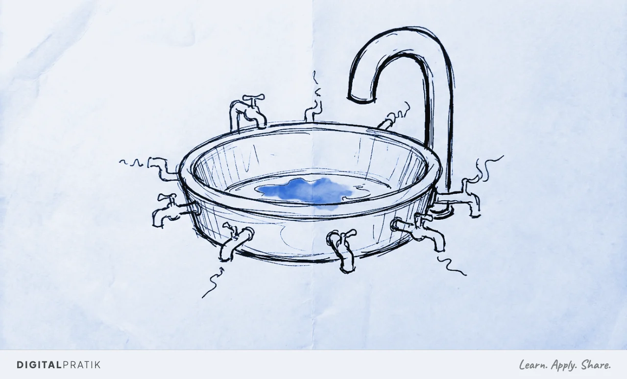 Digital Pratik as a line doodle standing next to a wide shallow yellow tank that is almost empty, four open spigots on its sides dripping the last drops, and a dim unlit lightbulb floating above his head on a loose wire.