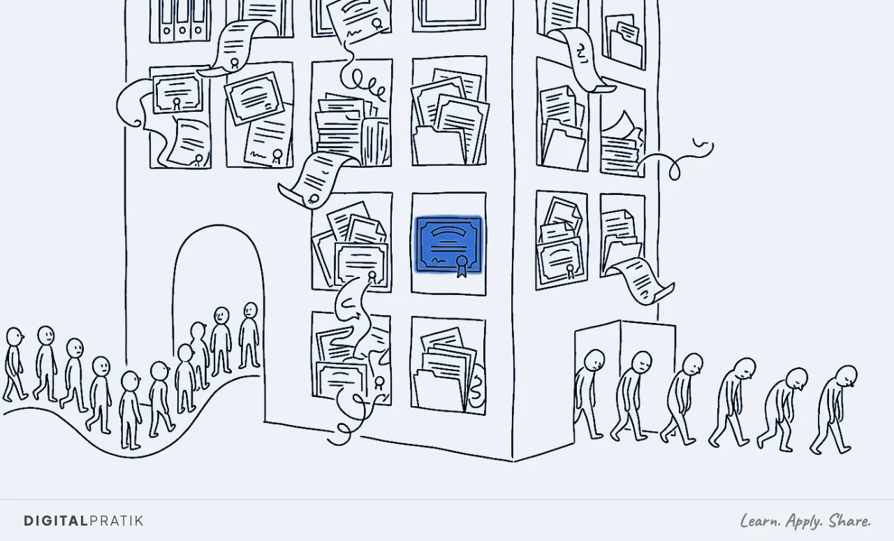A line drawing of a business setup office whose windows are stuffed floor to ceiling with overflowing folders of trade licences, passports and application forms. A stream of new clients pours in the front door while a line of clients trudges away from the back door, one folder picked out in blue.