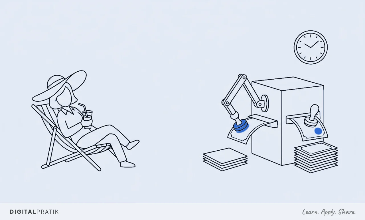 A line drawing of a business-setup consultant relaxing in a deckchair with a sun hat and a drink, while beside them an automatic machine keeps lifting licence certificates, stamping and stacking them on its own beneath a wall clock, the stamp mark picked out in blue.