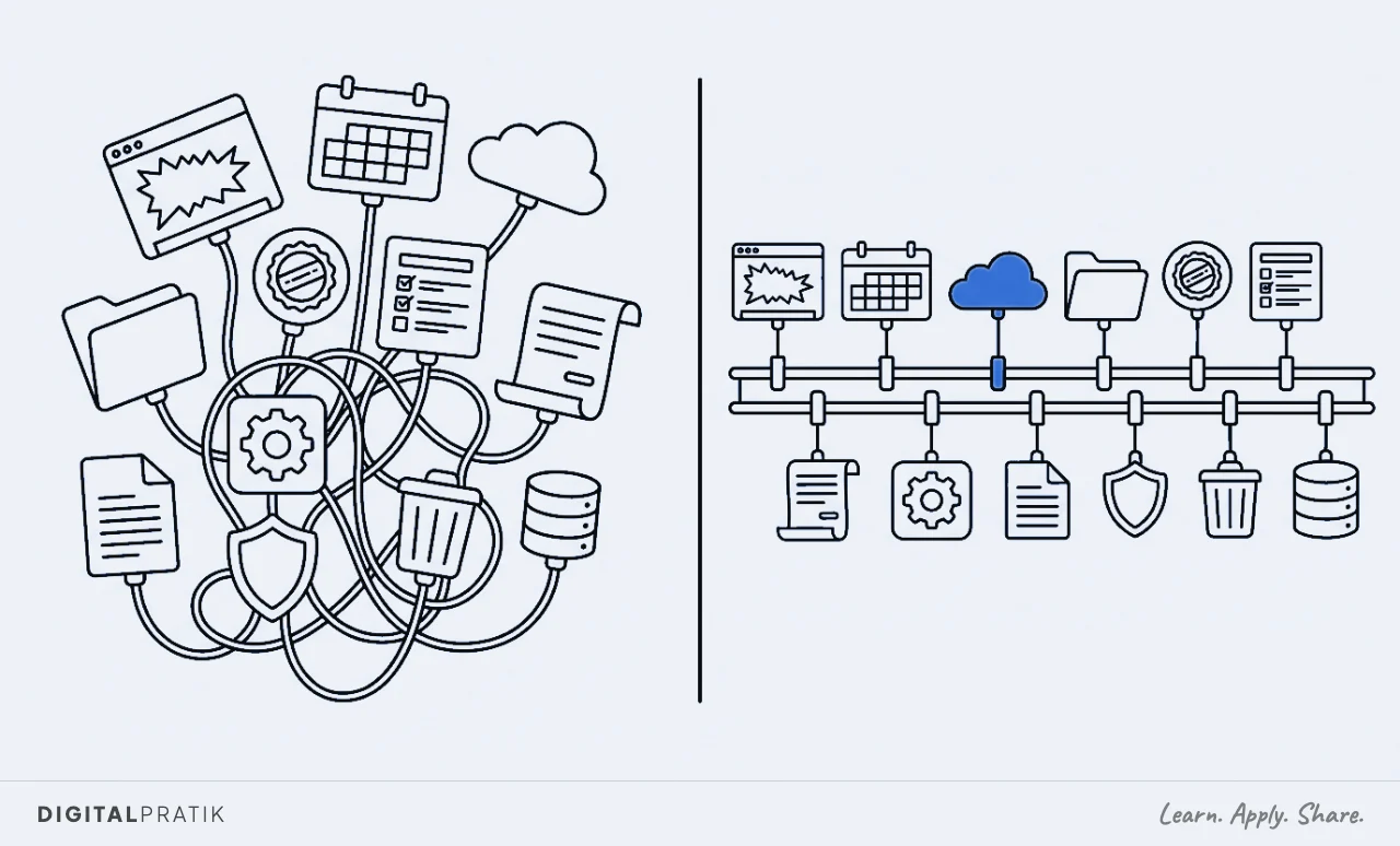 A line drawing split in two. On the left a tangled heap of a dozen mismatched setup apps, a renewals spreadsheet, a document store, a chat app, a government portal, a bank card, each trailing its own cable. On the right, neat identical modules clipped along one long blue rail.