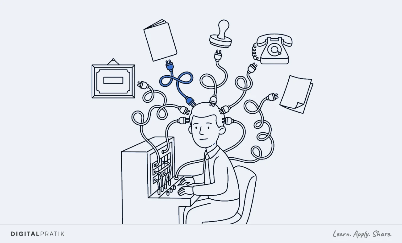 A line drawing of a business setup consultant at an old telephone switchboard where every cable, instead of reaching a socket, plugs straight into their own head. Each cable ends in a trade licence, a passport, a visa stamp, a tenancy contract and a stack of application forms, with one cable picked out in blue.