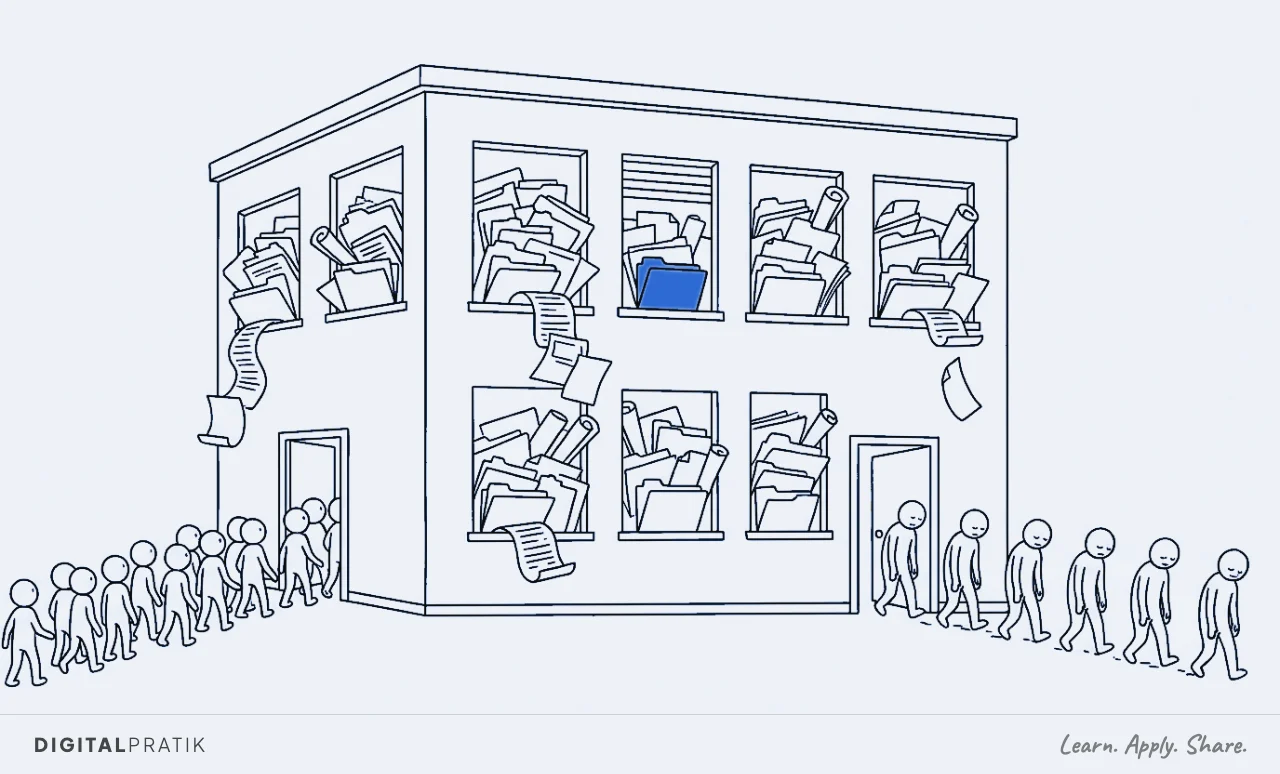 A line drawing of a solar company office whose windows are stuffed floor to ceiling with overflowing job folders, grid applications and certificates. A stream of new enquiries pours in the front door while a line of customers trudges away from the back door, one folder picked out in blue.