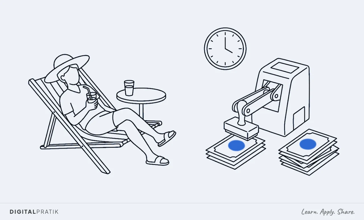 A line drawing of a solar installer relaxing in a deckchair with a sun hat and a drink, while beside them an automatic machine stamps compliance certificates and stacks them on its own beneath a wall clock, the stamp mark picked out in blue.