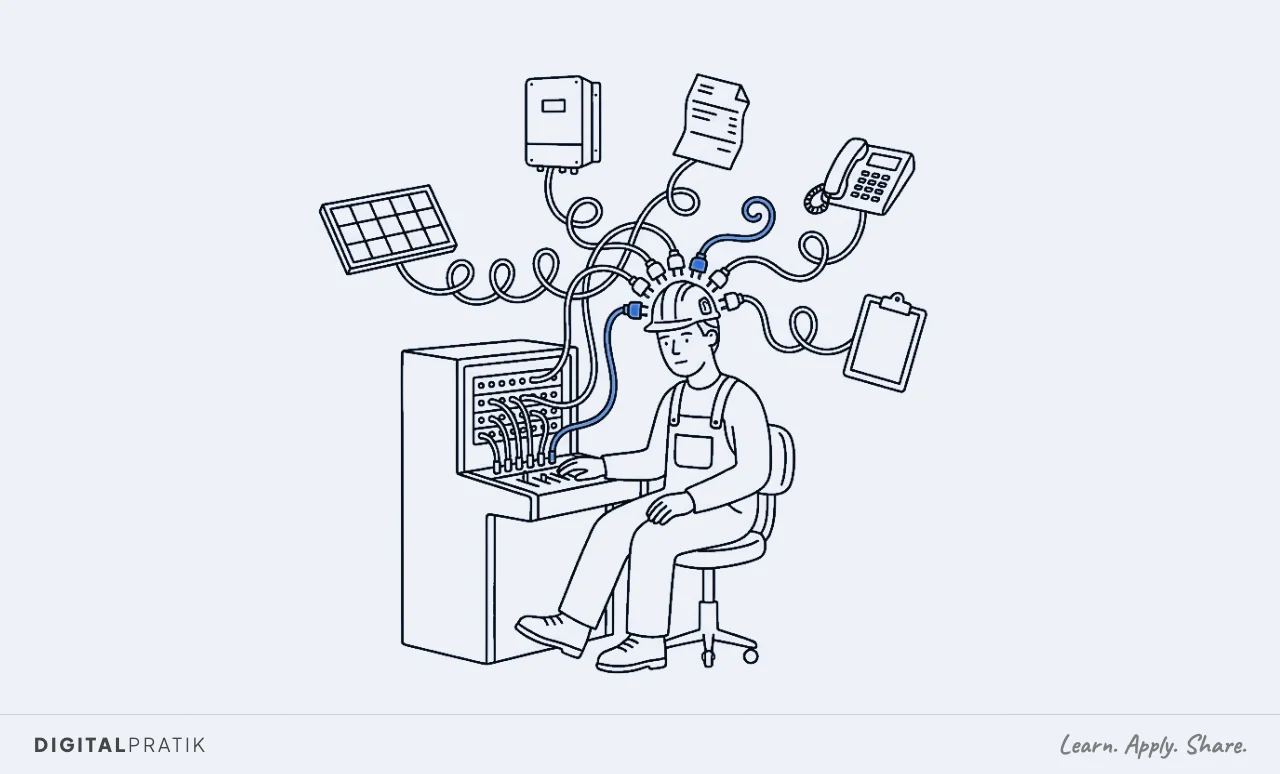 A line drawing of a solar installer sitting at an old telephone switchboard where every cable, instead of reaching a socket, plugs straight into their own head. Each cable ends in a solar panel, an inverter, a certificate, a phone and a stack of forms, with one cable picked out in blue.