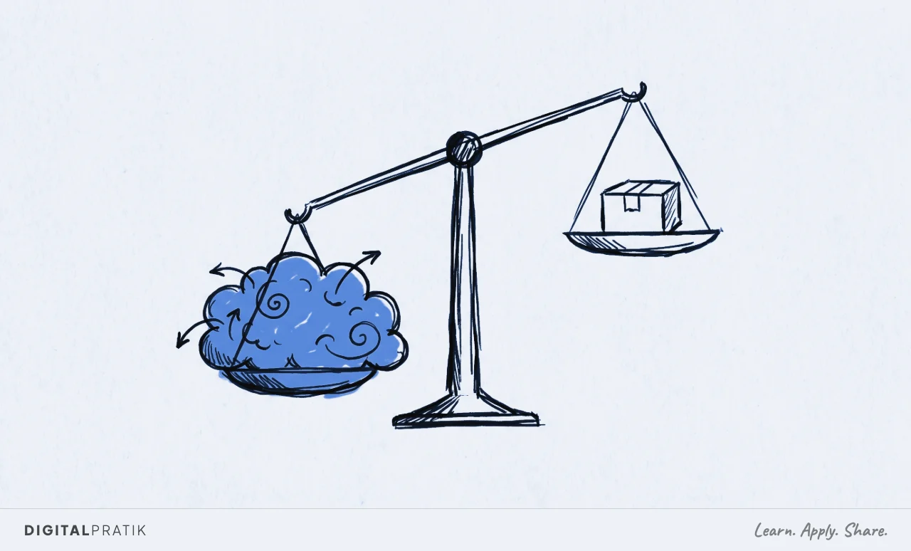 A balance scale drawn in ink on ivory paper. The left pan holds a large puffy thought cloud highlighted in yellow, pressing the scale all the way down. The right pan holds a small box and floats high, as if weightless.