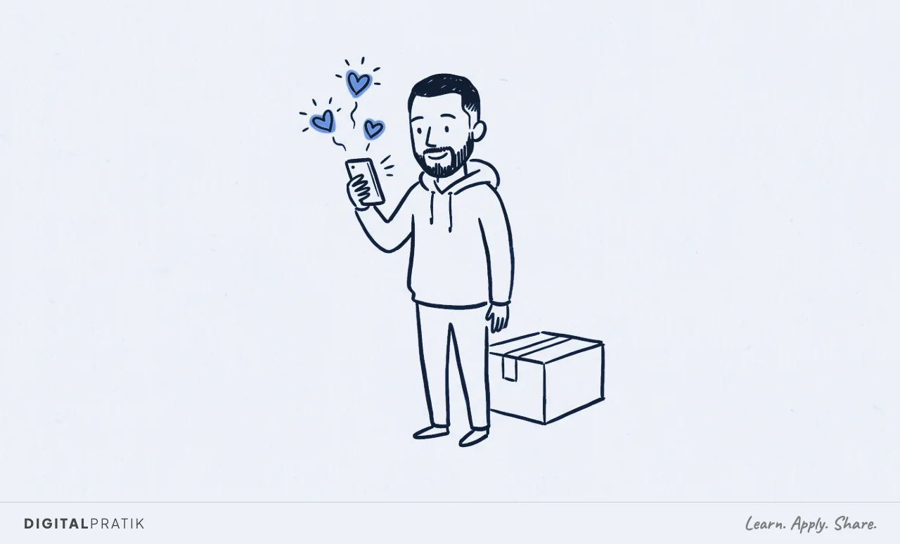 Ink doodle of Digital Pratik holding a phone with three yellow reaction icons floating upward toward his smiling face. A sealed box sits untouched on the floor behind him.