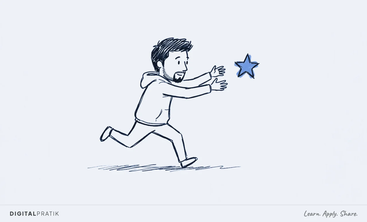 Ink doodle of Digital Pratik leaning forward in a running stance, arms stretched toward a single yellow five-pointed star floating just out of reach ahead of him.