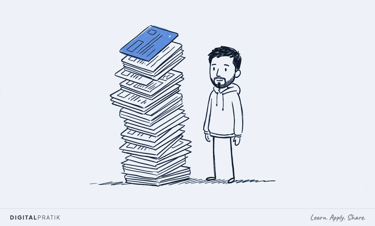 Ink doodle of Digital Pratik standing beside a tall tower of stacked content cards, the topmost card highlighted in yellow, each card slightly more refined than the last.