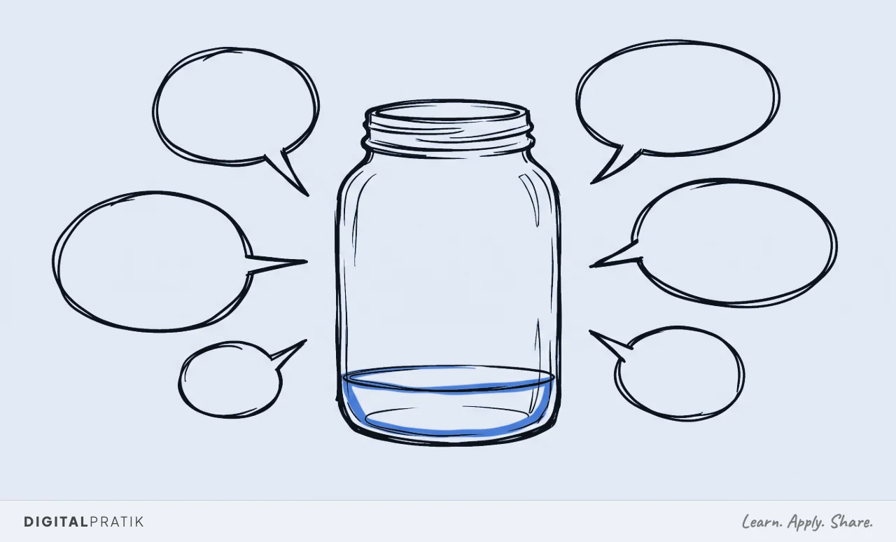 Ink drawing of a large glass jar with a dangerously low yellow fill line inside it, surrounded by five empty speech bubbles pointing inward, each representing a drained announcement.