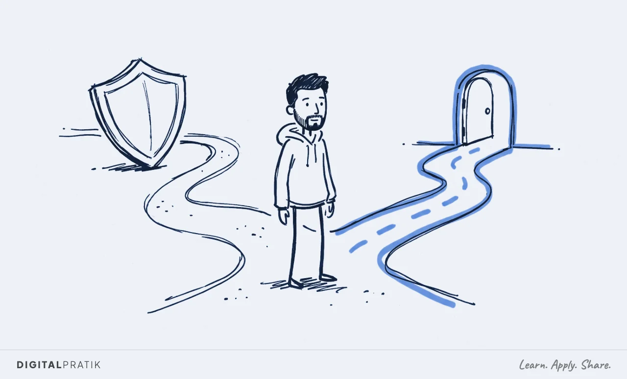 Ink doodle of Digital Pratik standing at a fork. One path leads behind a large shield shape. The other path goes straight ahead to a small yellow open doorway.