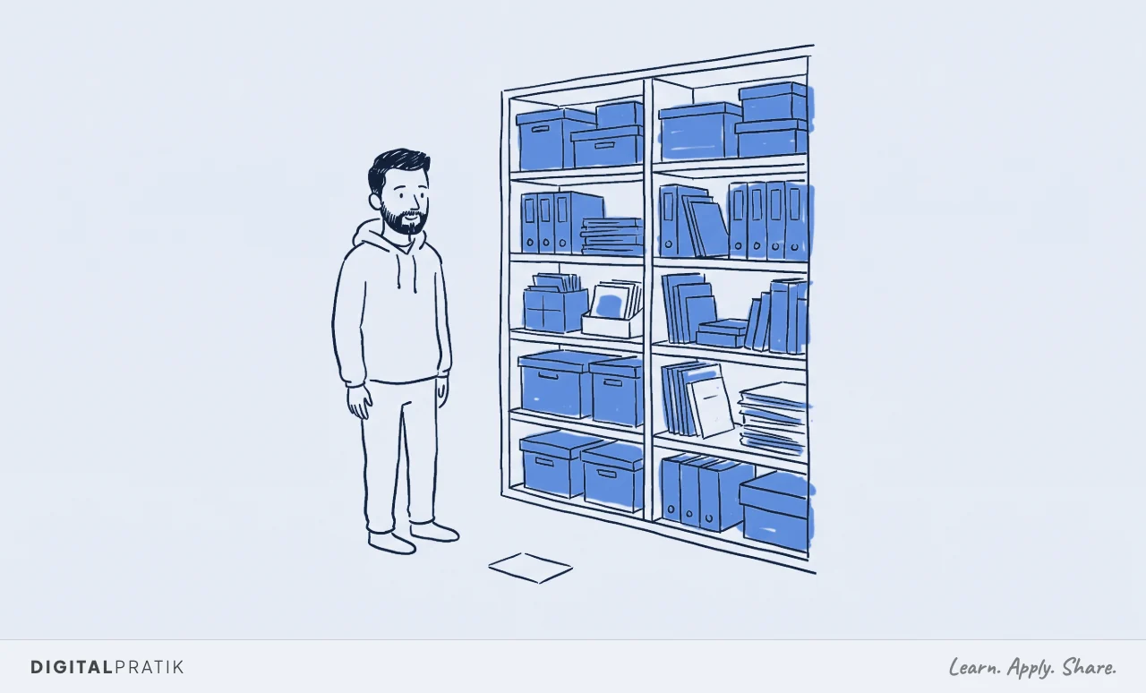 Ink doodle of Digital Pratik standing beside a tall yellow-highlighted shelf packed with boxes and folders. A single small flat paper plan lies on the floor beside his feet.