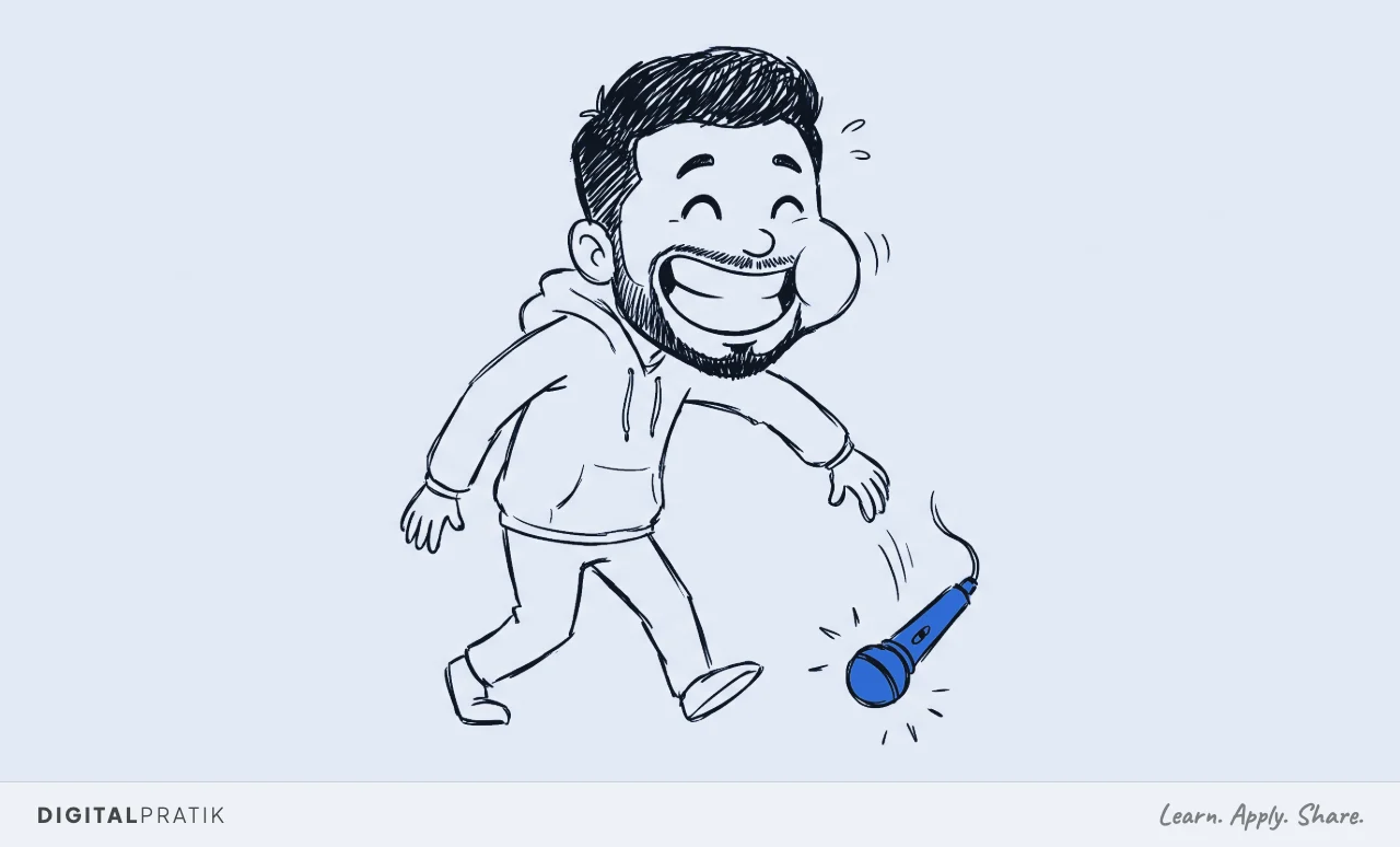 A hand-drawn ink doodle of Digital Pratik mid-stride, leaning forward like he owns the room, arm swung downward releasing a microphone that is falling toward the ground. His face is wildly exaggerated: massive grin with jaw open, eyes squished into happy crescents, eyebrows flying upward in pure triumphant energy. The falling microphone is filled in solid yellow with little speed lines around it. Everything else is near-black ink on warm ivory paper.