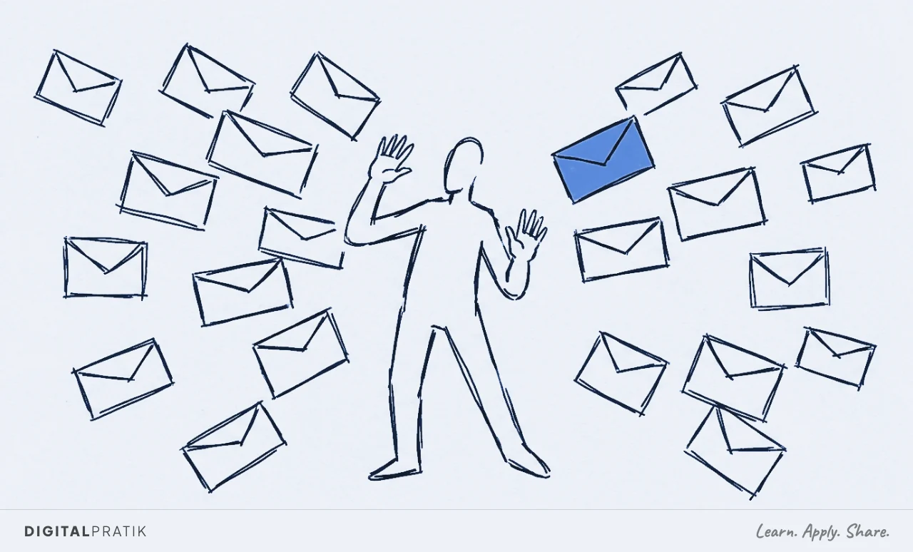 A simple ink-doodle figure stands with hands raised as identical paper envelopes fly in from all directions, with one envelope accented in yellow.