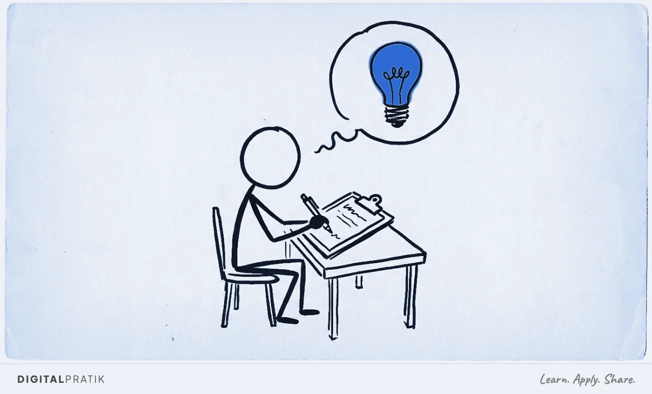 A simple figure at a desk writes on a clipboard while a thought bubble above their head shows a lightbulb highlighted in yellow.