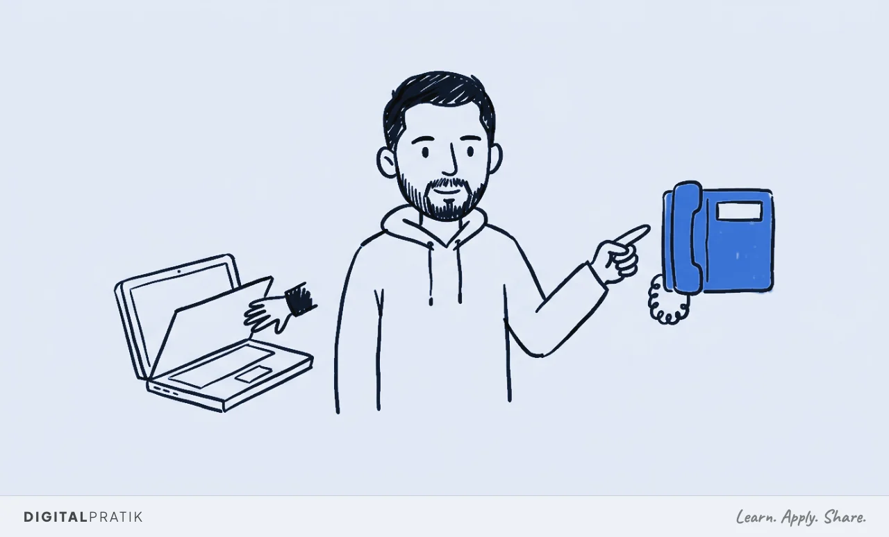 Digital Pratik as a doodle figure points toward a telephone highlighted in yellow, while on his left a hand pushes a laptop lid closed.