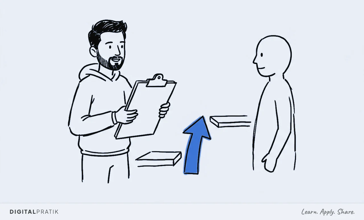 Digital Pratik with a clipboard faces a prospect figure, with two platforms at different heights and a yellow upward arrow between them showing the gap and the path.