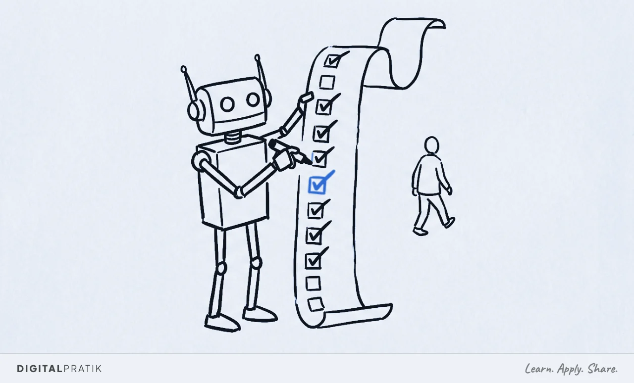 A robot holds a long checklist and ticks off items, one checkmark highlighted in yellow, while a small person figure walks away in the background.
