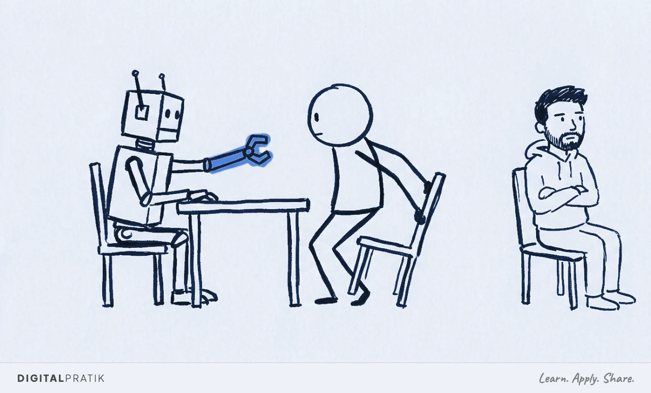 A robot extends an unshaken hand highlighted in yellow across a table while the prospect turns away, and Digital Pratik sits to the side with arms folded, staying out of the scene.