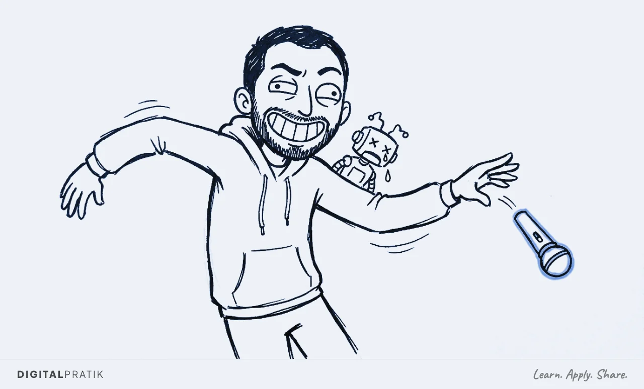 Digital Pratik in a full exaggerated mic-drop stance, knees bent, arm swung back, releasing a microphone highlighted in yellow as it tumbles through the air. His face has an absolutely unhinged wide cartoon grin with eyebrows flying off his head. Hovering just behind him is a tiny defeated robot with drooping antennae, X eyes, and a slumped posture. Drawn as a flat loose ink doodle on warm ivory manila paper.
