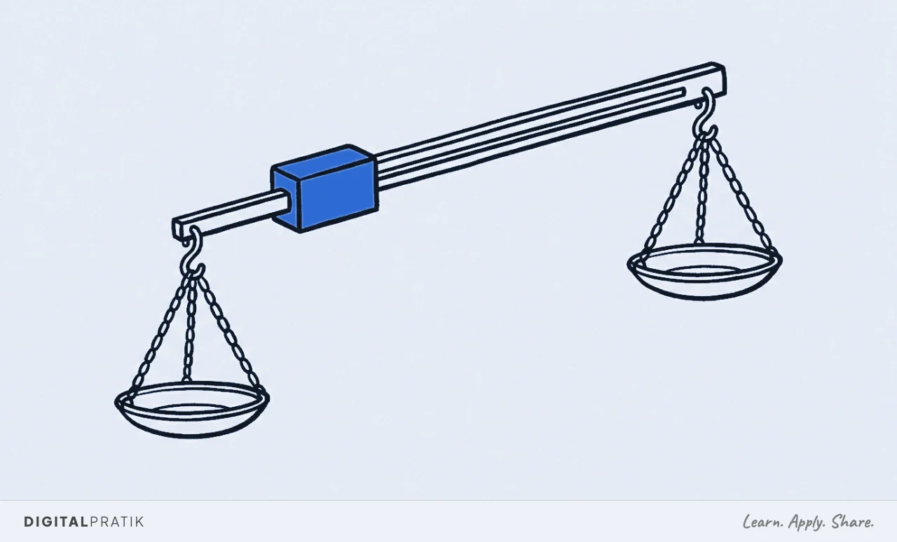 A two-pan balance scale tilted mid-motion with a briefcase on one side and a house on the other, its central pivot filled in signal yellow, showing that balance is always moving and never truly still.