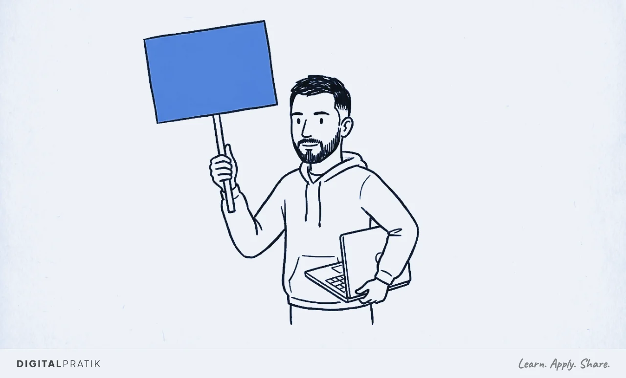 Ink doodle of Digital Pratik in a signal blue hoodie standing between two opposing clusters of stick figures, each group pointing accusatory arrows at him from opposite sides