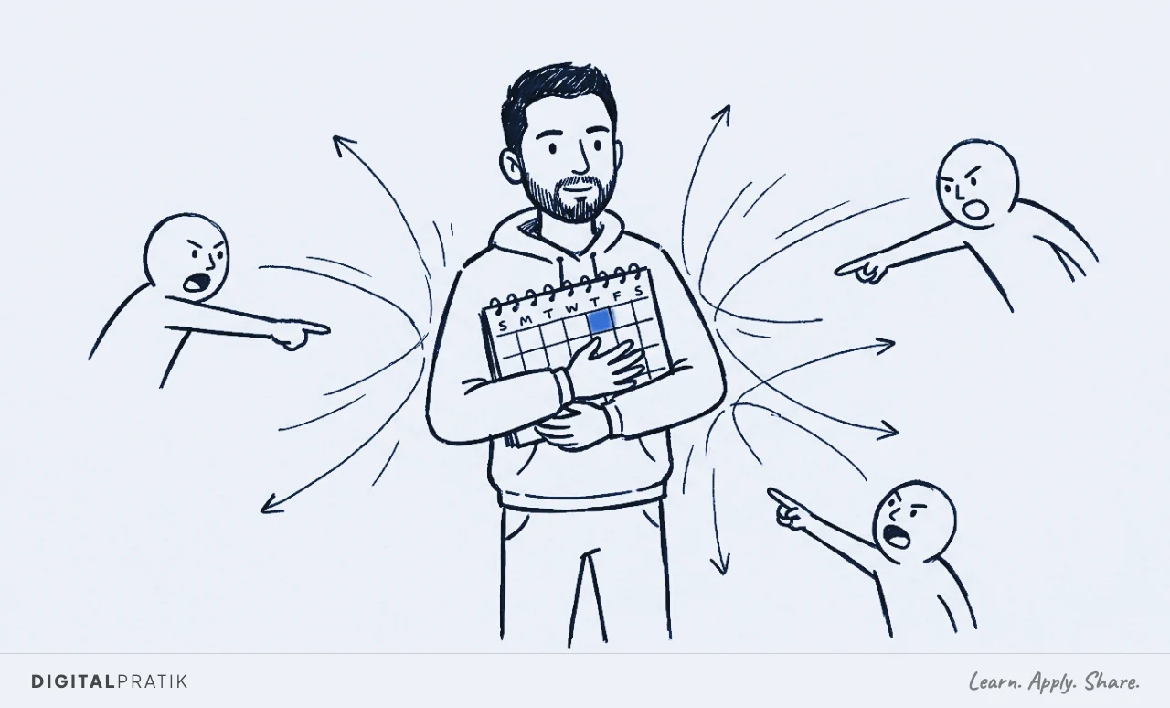 Digital Pratik faces forward holding a large key highlighted in signal yellow while stick figures behind him reach toward him, showing that owning your decision removes everyone else's power to override it.