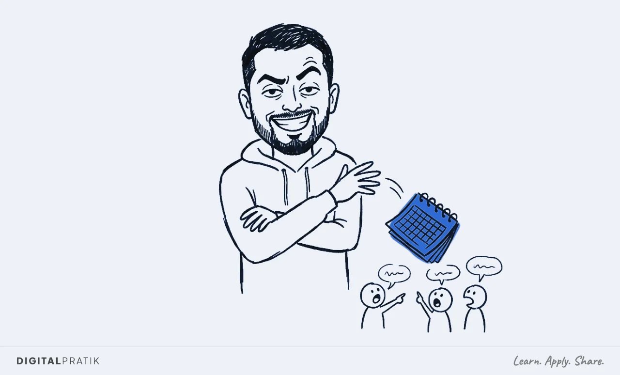 A flat near-black ink doodle on warm ivory paper of Digital Pratik in a white hoodie with short dark hair and trimmed beard, center frame in a triumphant mic-drop pose, one arm swung down releasing a signal-yellow microphone, the other fist raised overhead. His face has an enormous over-the-top grin, eyebrows flying off his head in exaggerated joy. A ring of tiny stick figures with open mouths and pointing fingers surrounds him in the background, looking frantic and small. He is completely unbothered and dominant in the frame, the yellow microphone the only color in the image.