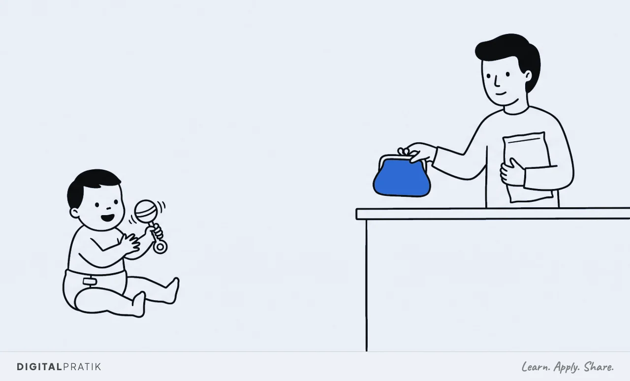 A line drawing with a baby sitting happily on the floor in a nappy playing with a rattle on one side, and on the other an adult at a shop counter handing over a yellow purse.