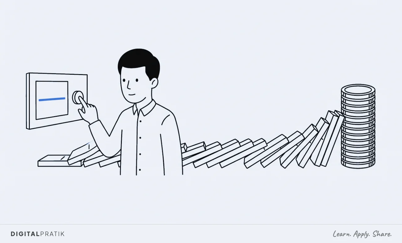 A line drawing of an office worker pressing a stop button beside a panel showing one flat yellow line, while behind their back a long line of dominoes is already toppling towards a tall stack of coins they cannot see.