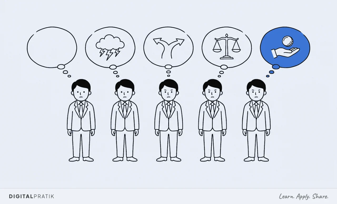 A line drawing of five people standing in a row, each with a thought bubble above them. From left to right the bubbles hold nothing at all, a storm cloud, a forking path, a pair of scales, and a yellow bubble with a hand holding a coin.