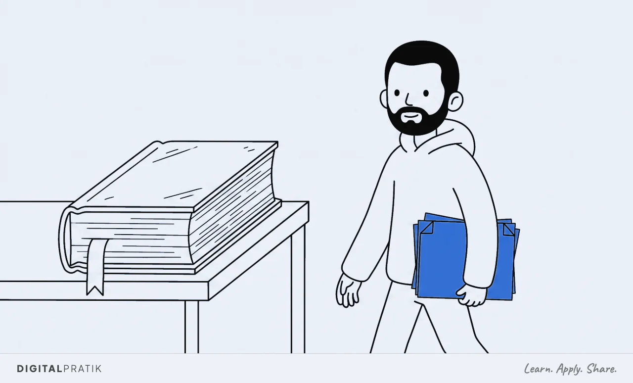 A line drawing of an enormous thick untitled hardback lying open face down on a side table with a ribbon marker barely into it and dust on the cover, while a man walks away carrying a thin dog-eared set of yellow working notes.