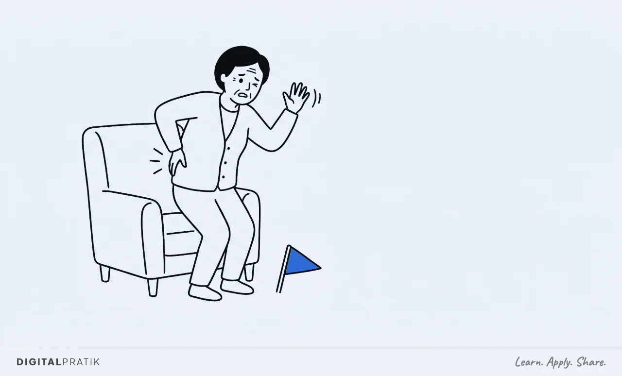 A line drawing of an older person pushing themselves out of an armchair with one hand pressed into their back and their face wincing, while waving the whole thing off with the other hand. A small yellow warning flag lies ignored on the floor beside them.