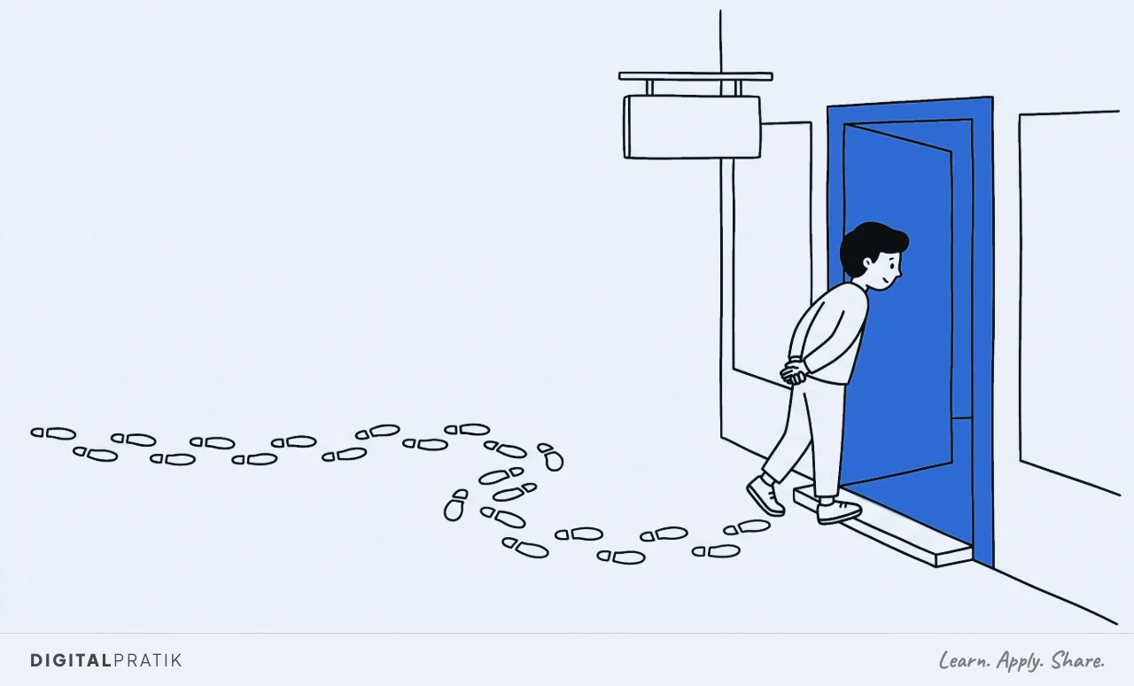 A line drawing of a person standing on the threshold of a wide open blue shop doorway, leaning in with interest and one foot hovering, with a long trail of footprints leading away from the door across the rest of the frame.