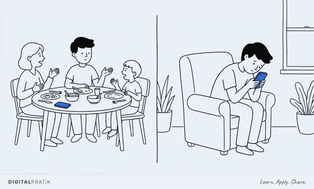 A line drawing split in two, showing the same person twice. On the left they are at a dinner table with family and their yellow phone lies face down and ignored. On the right they sit alone in an armchair, leaning right into the same phone.