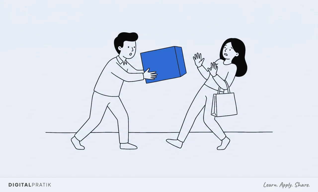 A line drawing of a salesman marching up to a total stranger on a pavement and thrusting a yellow boxed product at their chest, while the stranger leans away with both palms raised in alarm.